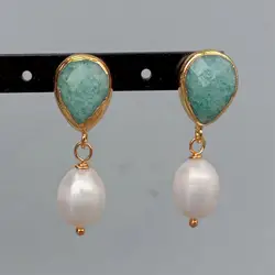 Y·YING Cultured White Rice Pearl Teardrop Green Amazonite Stud Earrings