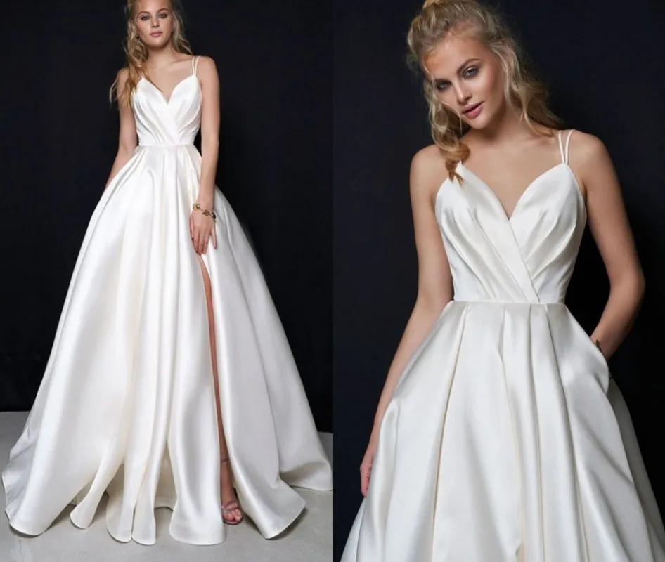 Satin Wedding Dress 2024 Custom Size Sexy Spaghetti Straps Ruched Pleats A Line Simple Bridal Gowns Vestido De Mariage