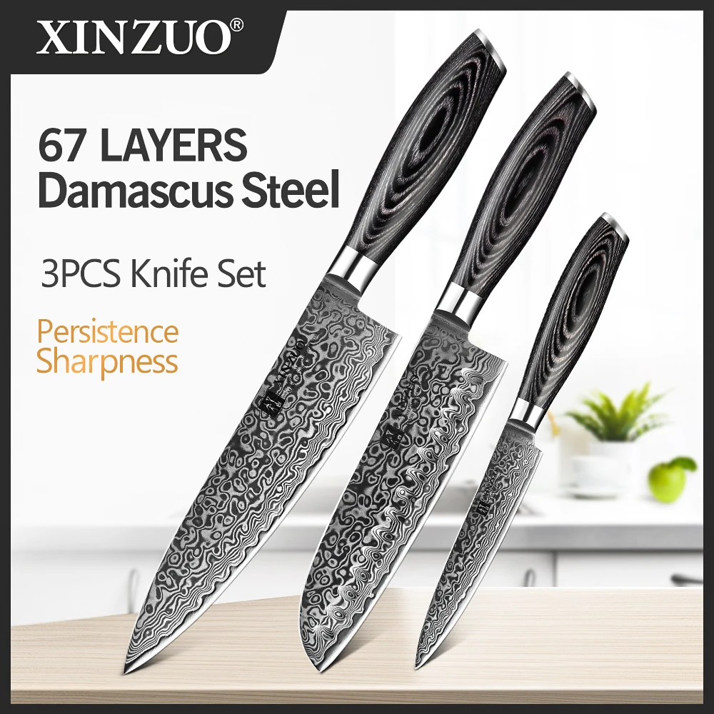 XINZUO 3PCS Kitchen Knives Set 67 Layers High Carbon Damascus Stainless Steel 8+7+5 Chef Santoku Utility Knife Pakka Wood Handle