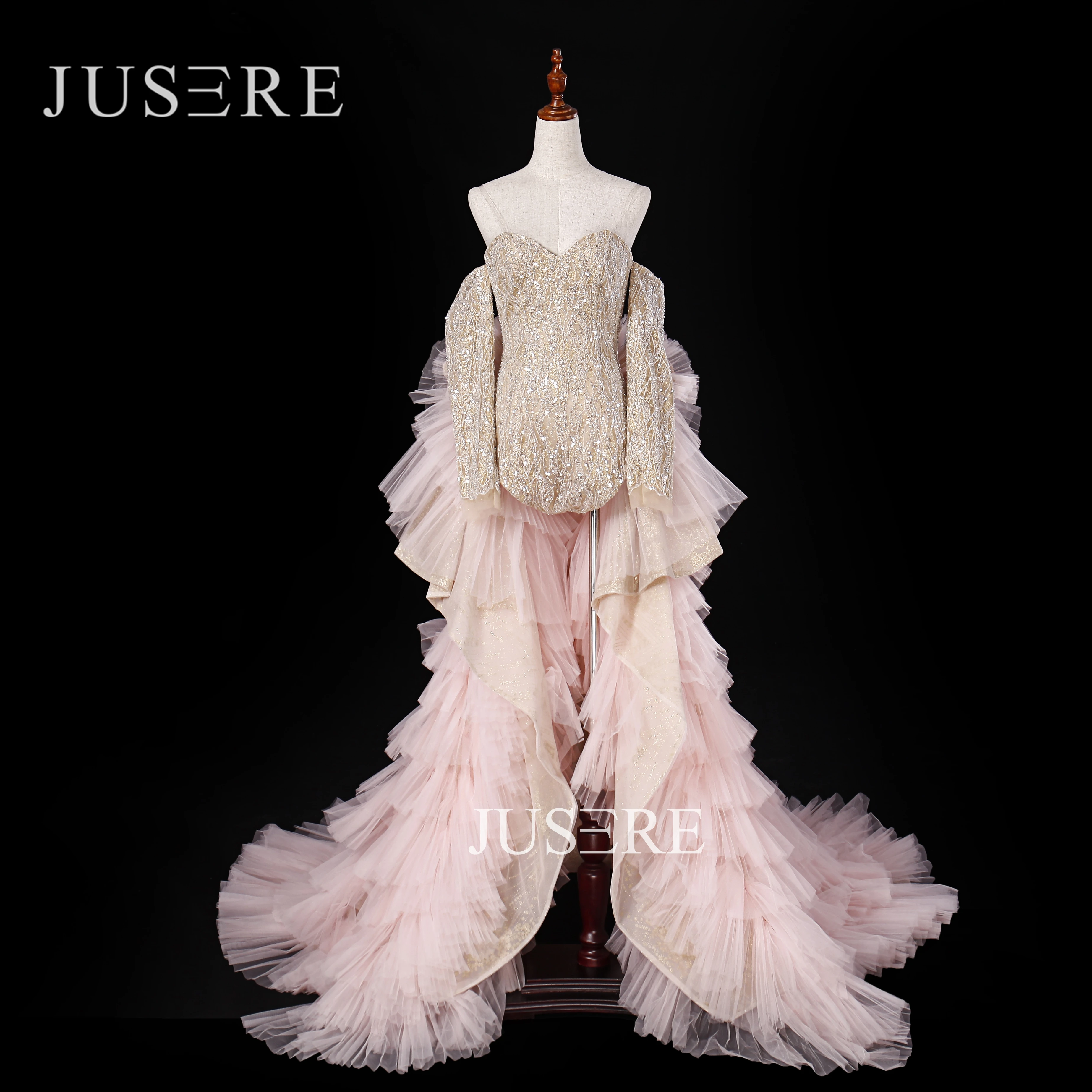 JUSERE Robe de soiree Fashion Gold Pink Sleeve Long Evening Dress Detachable Skirt 2020 Sequin Formal Gowns Evening Dresses