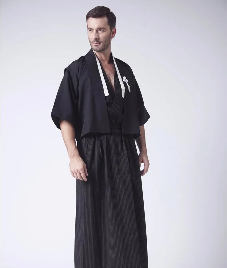 Vintage Black Japanese Men\'s Warrior Kimono With Obi Traditional Yukata Samurai Clothing Convention Costume Cosplay