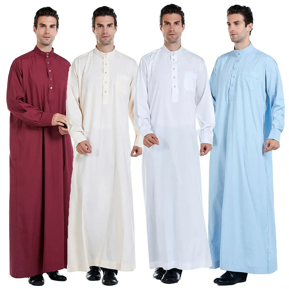 Muzułmanki Jubba Thobe Długi rękaw Jednolity kolor Katar Szaty 2025 Stójka Islamska arabska suknia Kaftan Ramadan Mężczyźni Abaya S-3XL