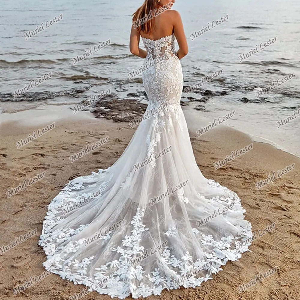 Robe De mariée sirène De luxe, sans bretelles, en dentelle, avec des Appliques, Sexy, pour femmes