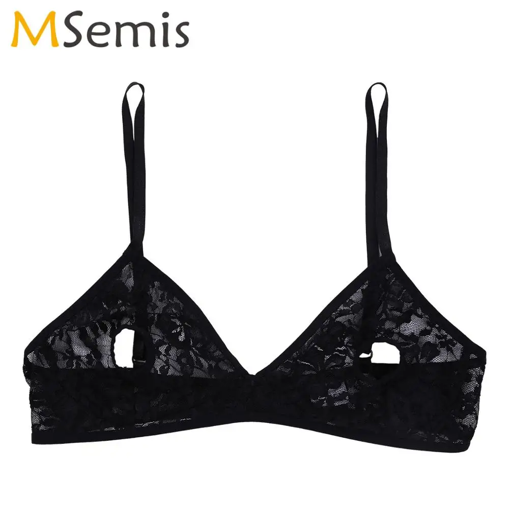 

MSemis Women Lingerie Sheer Sexy Lace Floral Open Nipples Bra Top Wire-free Unlined Triangle Cup Hollow Out Straps Bralette Vest