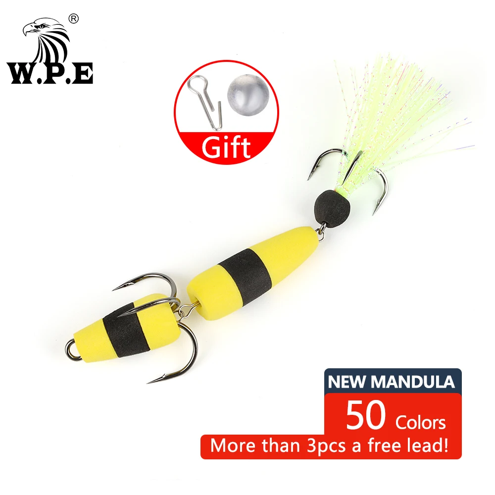 W.P.E Brand New MANDULA 50color Size L Bass Lure Soft Fishing Bass Lure Density Foam Swim Baits 5g with 2 Treble Hooks 2/0# 2#