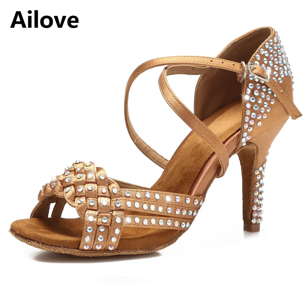 

Rhinestone Ballroom Latin Salsa Dance Sandals Women Party Wedding Shoes Soft Suede Sole Skin Satin Multiple Heel Height ALS053