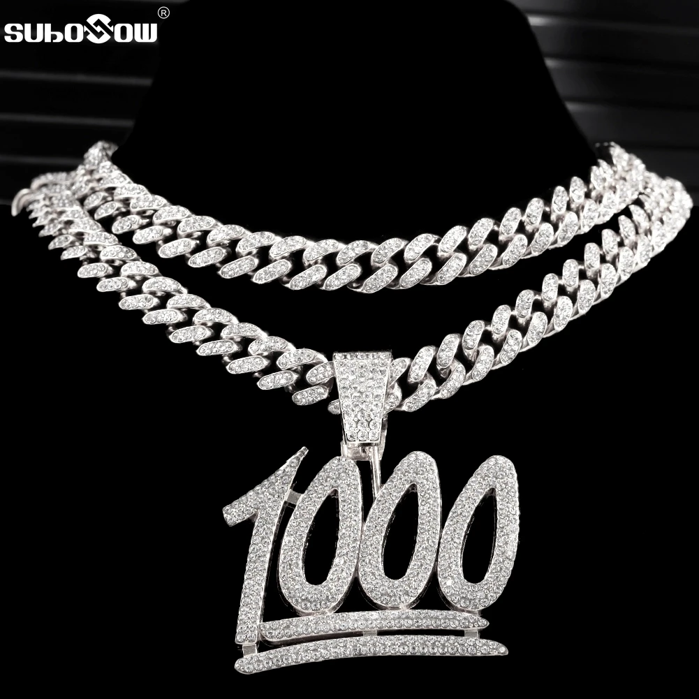 Iced Out Bling Rhinestone 1000 Number Pendant Necklace for Men Women with 13mm Crystal Miami Cuban Chain HipHop Necklace Jewelry
