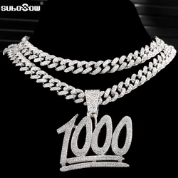 Iced Out Bling Rhinestone 1000 Number Pendant Necklace for Men Women with 13mm Crystal Miami Cuban Chain HipHop Necklace Jewelry