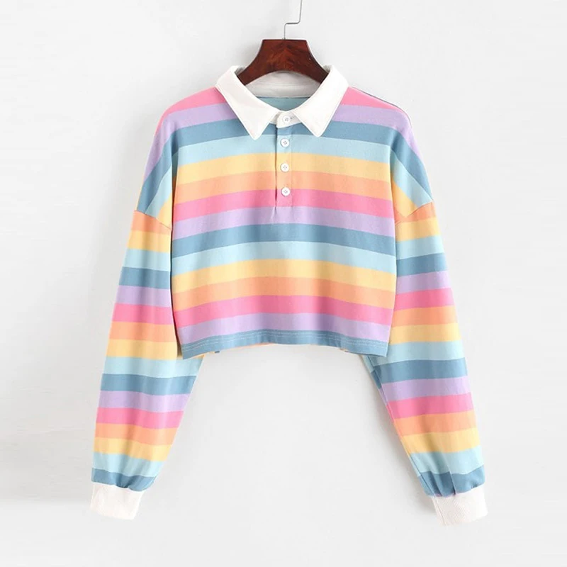 Rainbow Striped Polo Long Sleeve Women T Shirt Autumn Casual Crop Top School Korean Fashion Harajuku Pulovers Oversized Clothing