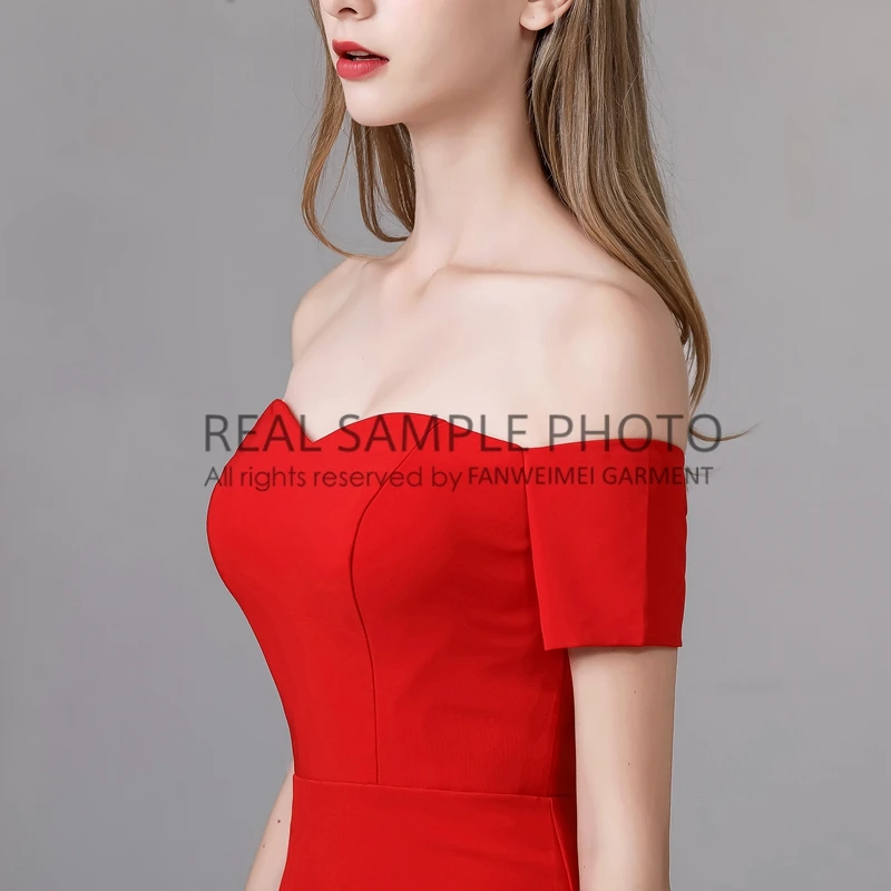 970# 100% Real Photos Off Shoulder Plain Red Satin Mermaid Evening Dress Prom Gown Enaggement Party Dress Customized image 2