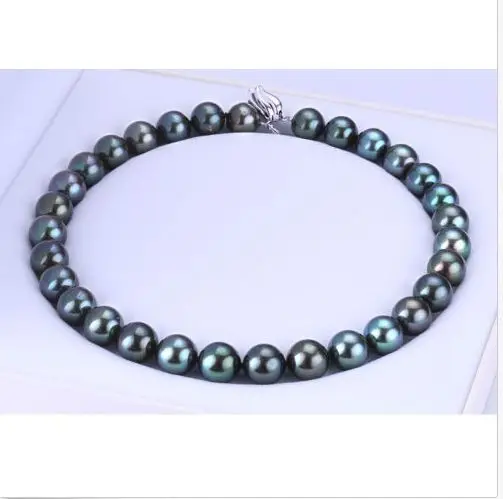 

free shipping stunning round 10-11mm black green pearl necklace 18inch 925s