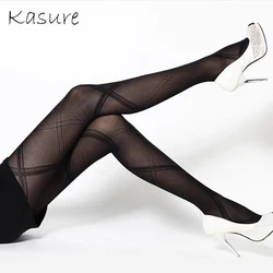 KASURE-medias de malla para mujer, medias sexys con estampado de cuadros grandes, transparentes, Jacquard, de nailon, elásticas