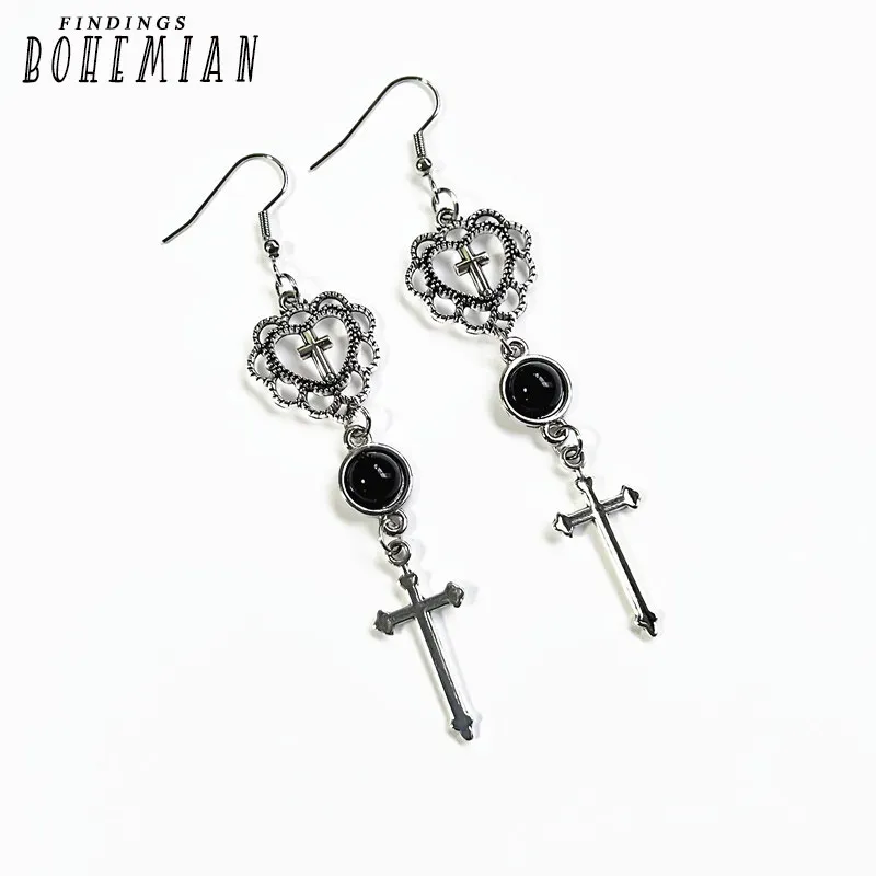 Earrings, Pendant, Onyx, Black, Stone, Heart, Cross, Goth, Gothic,Moon