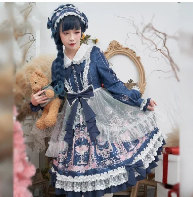 Kawaii ragazza gothic lolita op Dolce vestito dalla principessa lolita retro del merletto di bowknot del collare del peter pan a vita alta stampa abito vittoriano