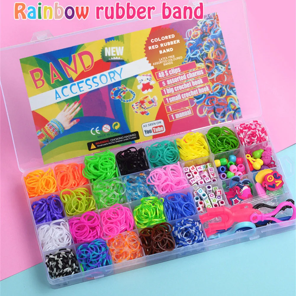 1500 Pieces Colorful Rainbow Rubber Band DIY Handmade Bracelet Tool Kit Beaded Toys For Girls Elastic Craft Toy Christmas Gifts