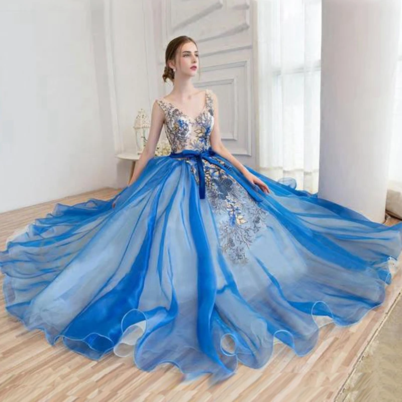 Vestido único de fiesta de Organza con cuello en V, vestido de noche de tul azul, largo hasta el suelo, con apliques florales