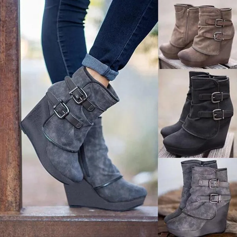 Fashion Ankle Boots for Women Suede Wedges Zipper Solid Color Short Booties Round Toe Shoes Boots-women Dropshipping 2021