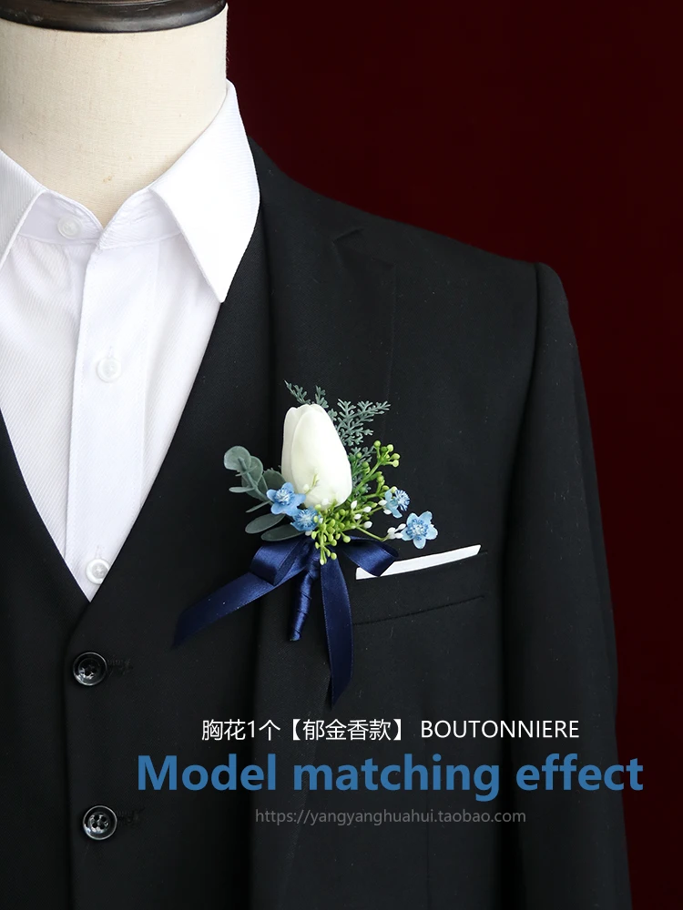 GT Silk Corsages Boutonnieres Wedding Decoration Marriage Rose Wrist Corsage Pin Boutonniere Flowers for Guests BLUE