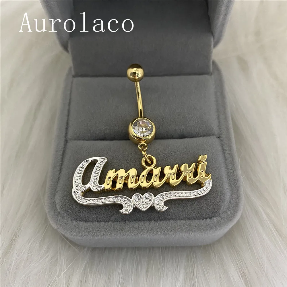 AurolaCo Custom Name Belly Ring Stainless Steel Custom Body Jewelry Zircon Belly Ring Gold Color Gift for Women