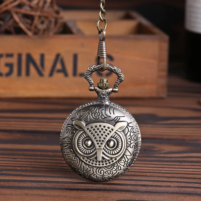 8084Owl Case Quartz Pocket Watch with Necklace Charm Accessories Vintage Classic Embossed Vintage