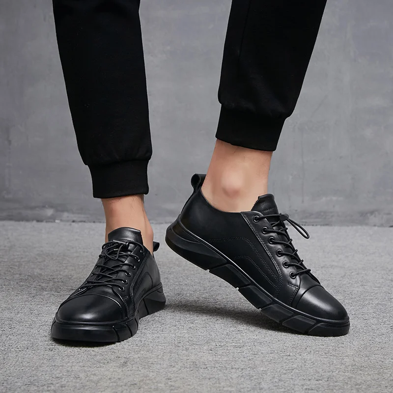 New 2019 High Quality Genuine Leather Shoes Men Flats Plus velvetMen\'s Casual Shoes Brand Man Soft Comfortable Lace up Black