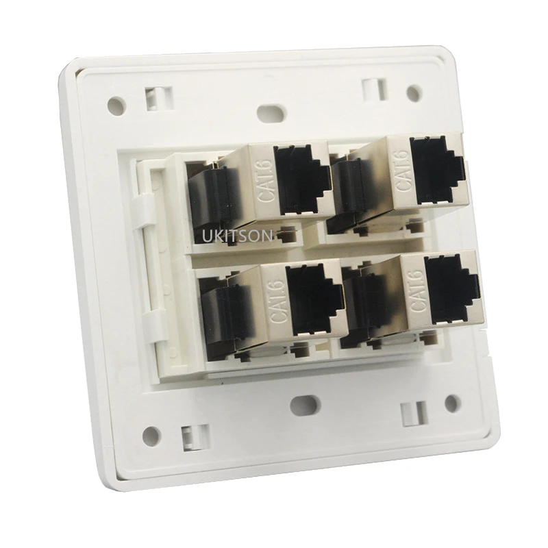 Female CAT6 RJ45 Wall Outlet With 4 Ports Shielded CAT.6 Network Socket Insert Keystone Jack Faceplate 86x86mm In White Color