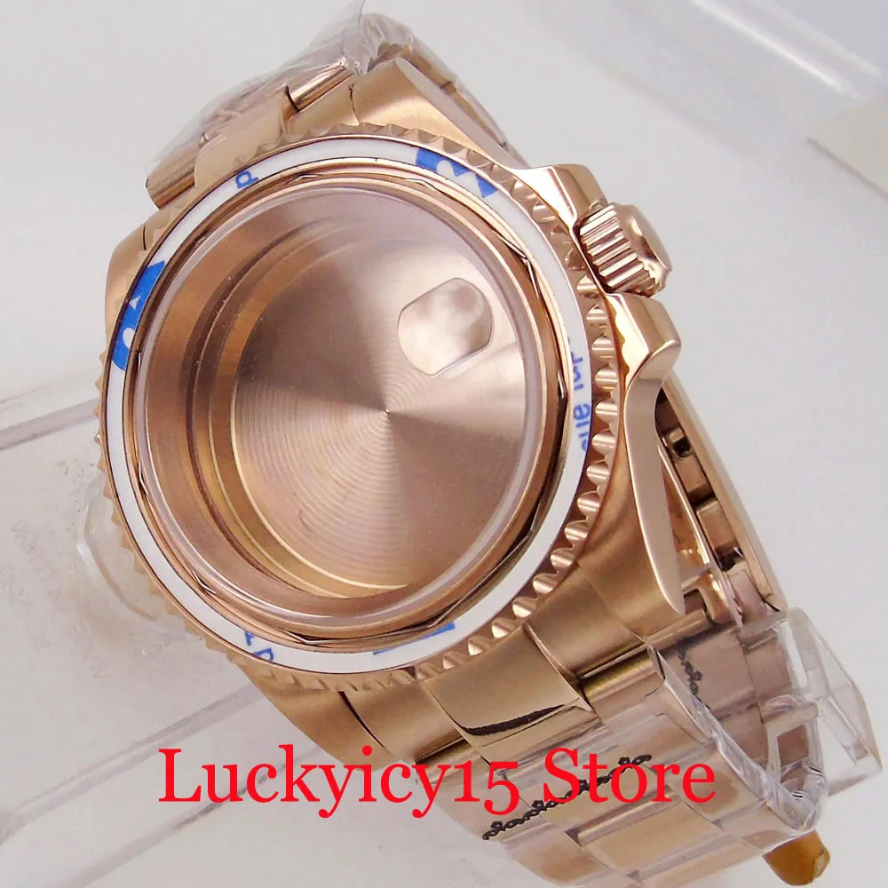 10ATM ROSE GOLD Coated Watch Case fit NH35A NH36A Middle Polish Oyster Band Unidirection Bezel Ring Sapphire Glass Magnifier