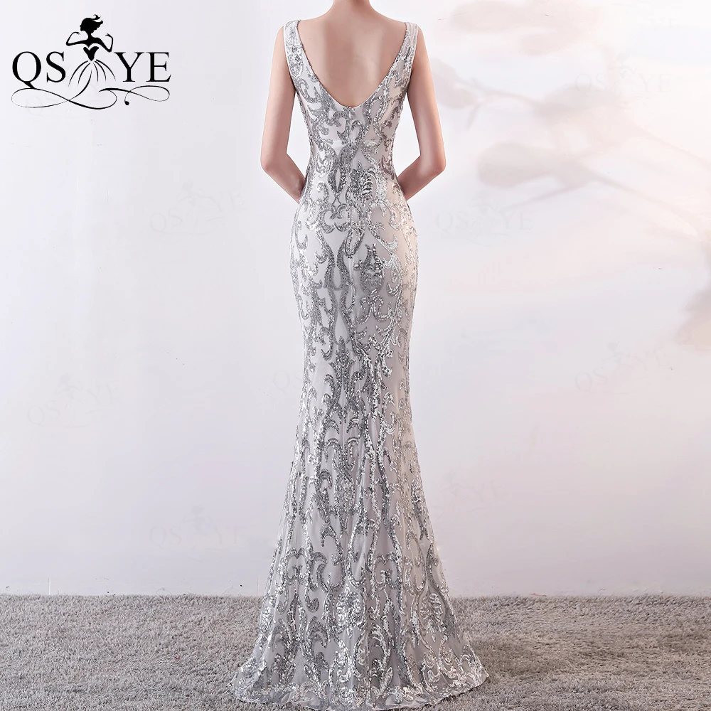 Silver Evening Dresses Long Fitted Sequin Dress Mermaid Long Evening Gown Unique Pattern Lace Sexy Split Party Formal Gown