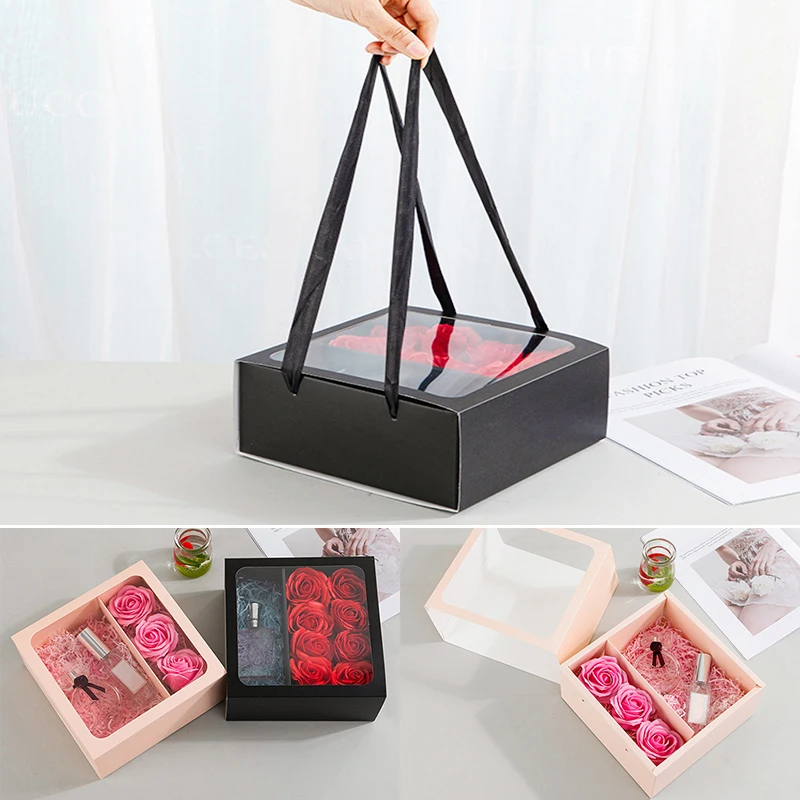 Square Paper Box With Handle Flower Packaging Boxes Transparent Clear Window Pull-out Floral Box Portable Gift Handbag