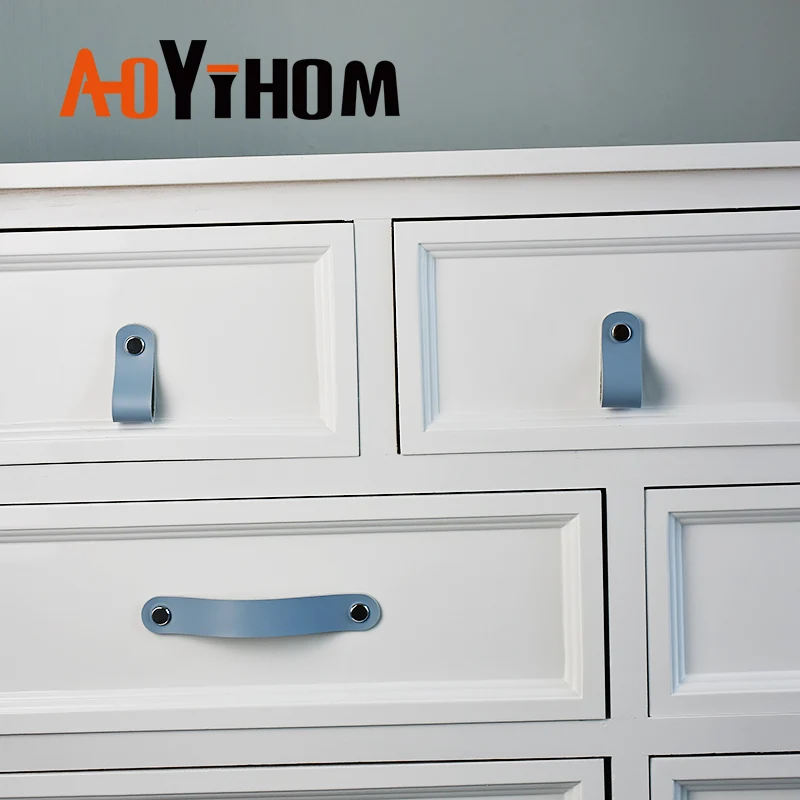 AOYIHOM Kitchen Cabinet Storage Pull Light Blue Leather Furniture Handle Used for Indoor Living Room Drawer Wardrobe Door Knob