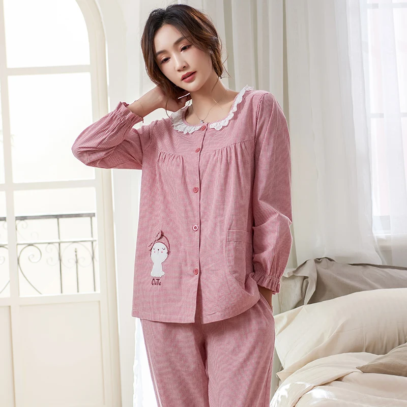 Woven Cotton Pajamas M-3XL Women Plaid Cartoon Pajamas for Women Spring Nightwear Pajama Set O-Neck Cardigan Pyjamas Loungewear