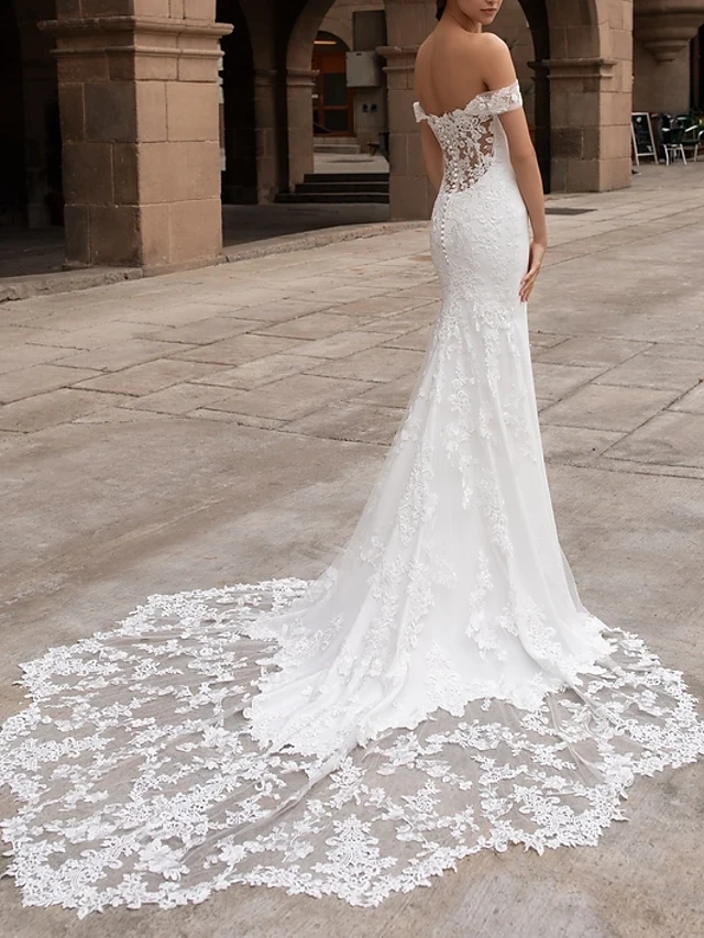 Vestido De novia elegante De sirena, traje De encaje De satén, manga corta, hombros descubiertos, romántico, 2024