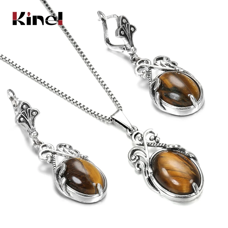 Kinel 2020 New Boho Natural Stone Necklace Earring for Women Tibetan Silver Beach Party Indian Bride Earring Wedding Jewelry Set