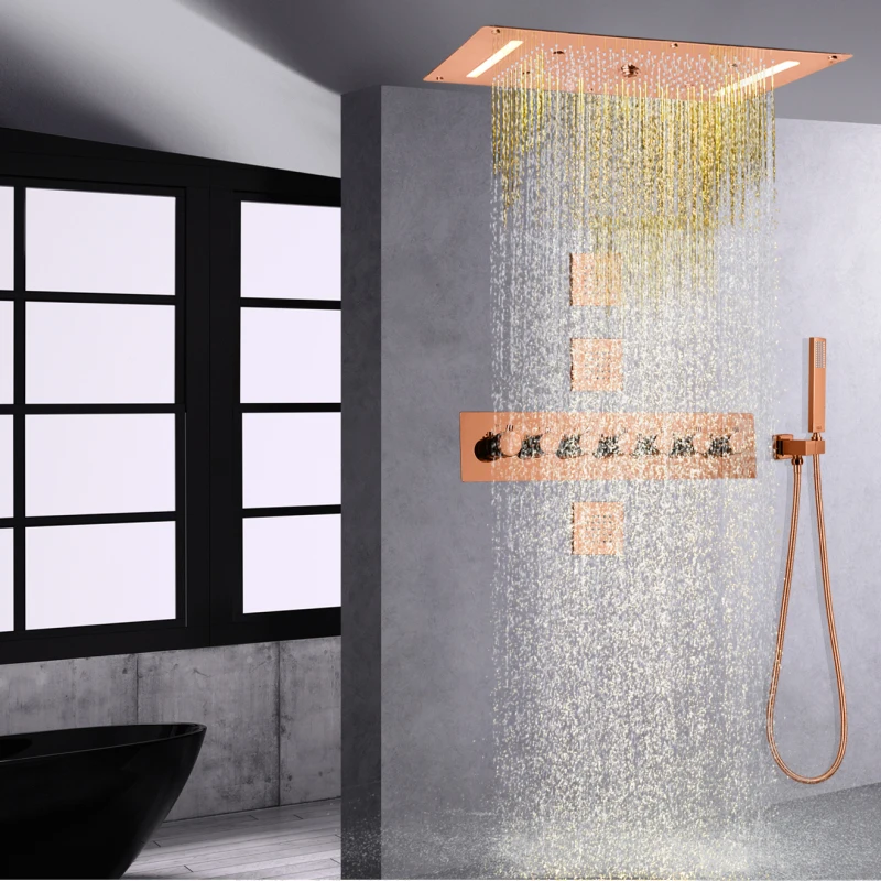 Rose Gold Thermostatic Shower Faucets Set 700X380 MM  LED Bathroom Mist Shower System