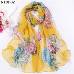 Lily Rose Flower Print Women Foulard Chiffon Georgette Bandana Scarf Long Shawl Summer Beach Sunscreen Scarf hijab Elegant Thin