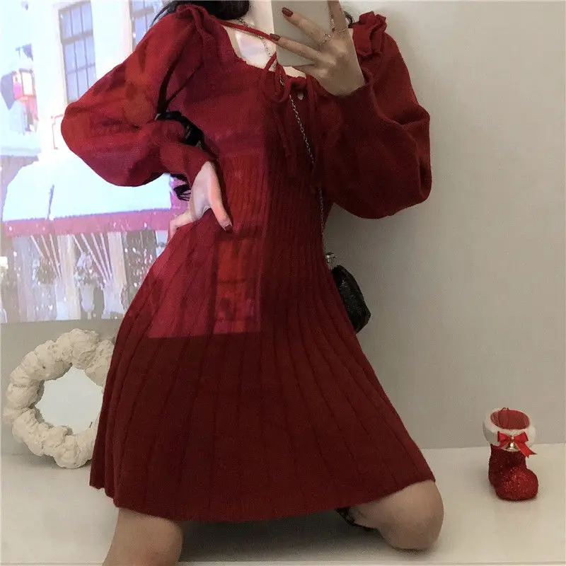 Women Long Sleeve Dress Knitted Puff Sleeves O-neck Burgundy Defined Waist Tied Preppy Style Slim Sweet Elegant Fashion Chic Ins