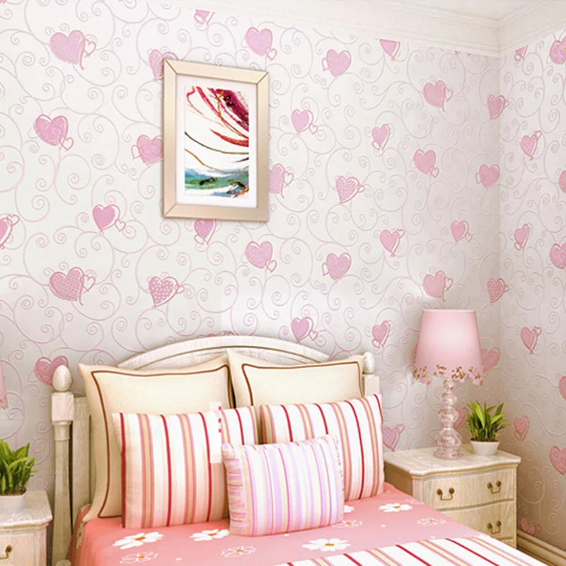 3D Pink Love Heart Cartoon Princess Girl Room Background WallPaper Roll 3D Embossed Flocking Non Woven Kids Wall Covering Paper