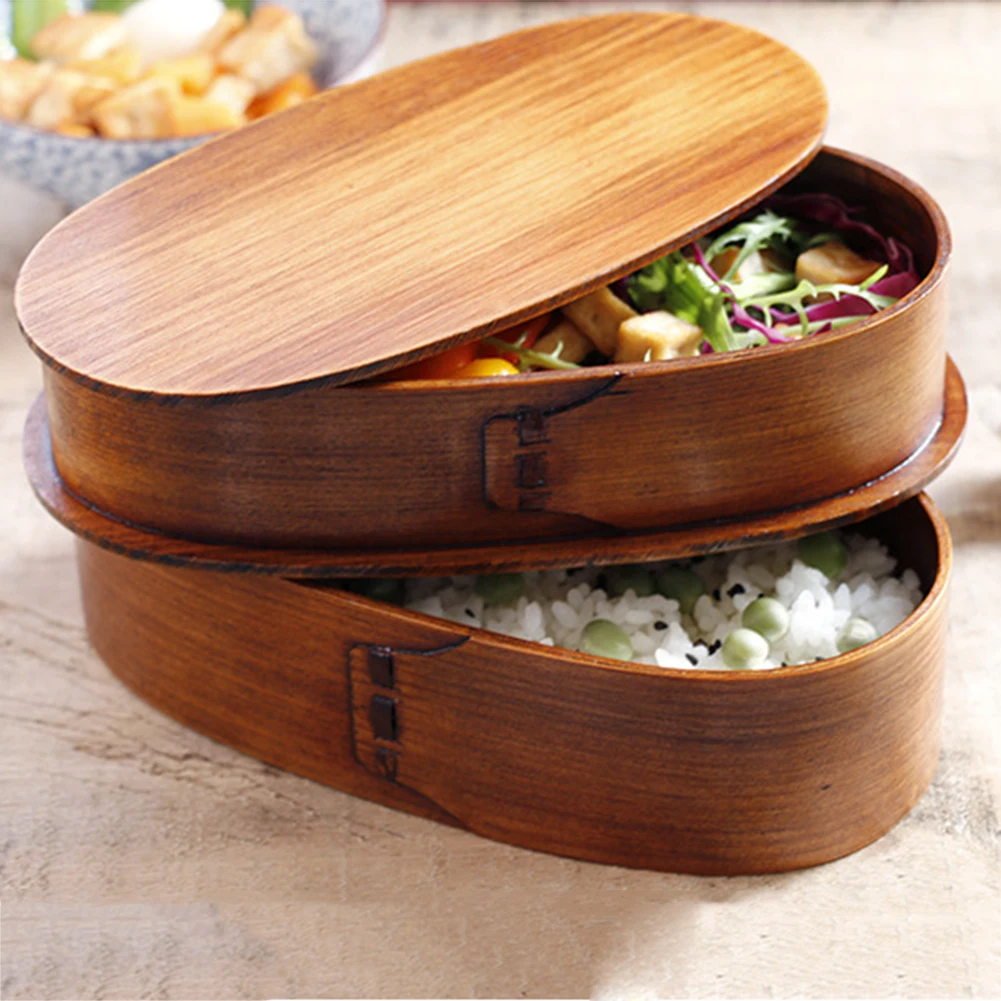 Natural Wooden Japanese Lunch Box Double Layer Bento Box Outdoor Picnic School Dinnerware Food Container Storage For Kid Student