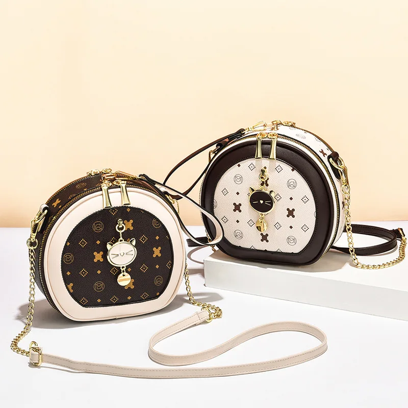 Ladies Simple Handbag Single Shoulder Bag Golden Metal Chain Round Messenger Handbag Female Clock Small Round Bag