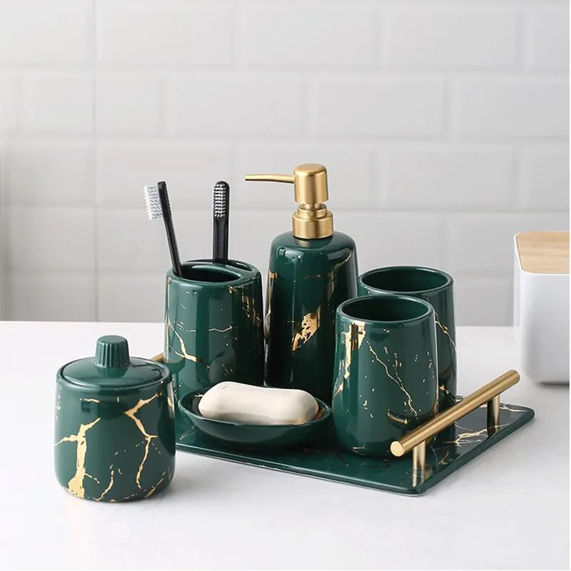 Bathroom Sanitary Ware Set Ceramic Imitation Washing Tools Bottle Mouthwash Cup Soap Toothbrush Holder Household Articles