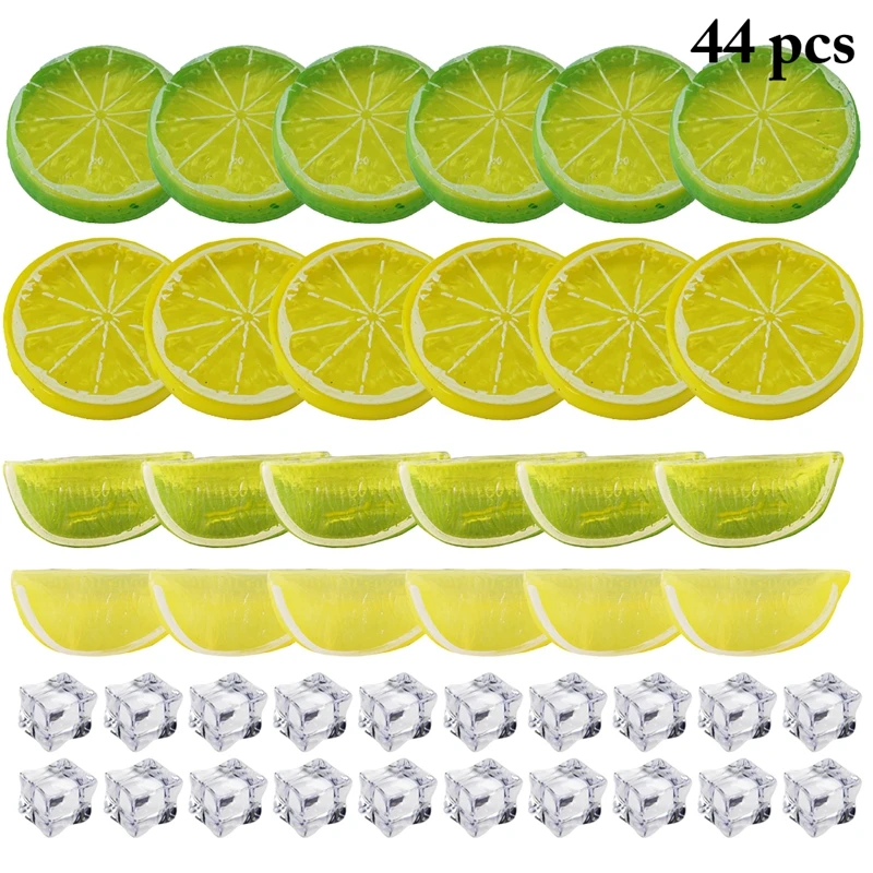 44PCS Artificial Fruits Fake Ice Cube Realistic Fake Lemon Slice Simulation Lemon Block Photography Prop Ornaments Home Decor