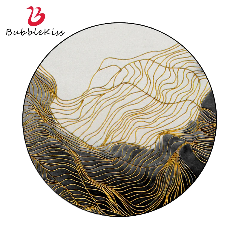 Bubble Kiss Round Carpet Abstract Golden Lines Pattern Living Room Rug Light Luxury Bedroom Decor Carpet Foldable Hotel Carpet