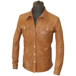 2020 Light Brown Men Casual Single Breasted Plus Size 5XL Genuine Thin Sheepskin Spring Slim fit Leather Shirt