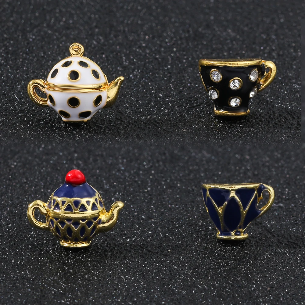 Grape Mini Asymmetrical Handmade Enamel Glaze Stud Earrings Blue Teapot Teacup Earrings Cup Needle Stud Earrings