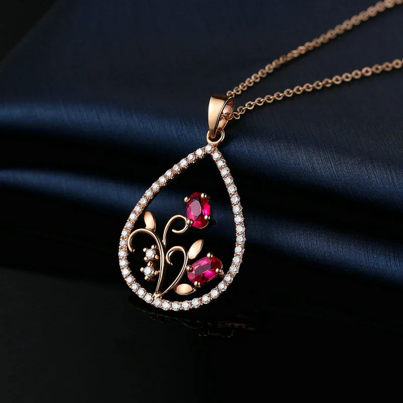 Foydjew Vintage Hollowed Water Drop Simulated Ruby Pendant Necklaces Rose Golden Necklace For Women Exquisite Wedding Jewelry