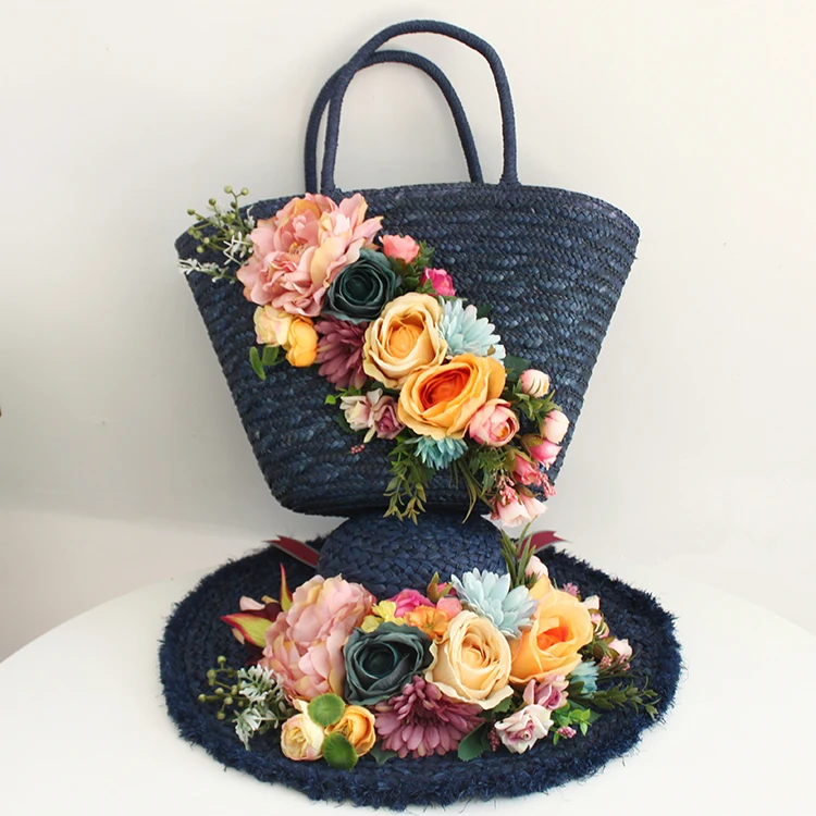 Bohemia Holiday Tote and Hat Suit Women Fashion Rattan Handbag Colorful Artificial Flowers Weave Raffia Straw Summer Beach Bag