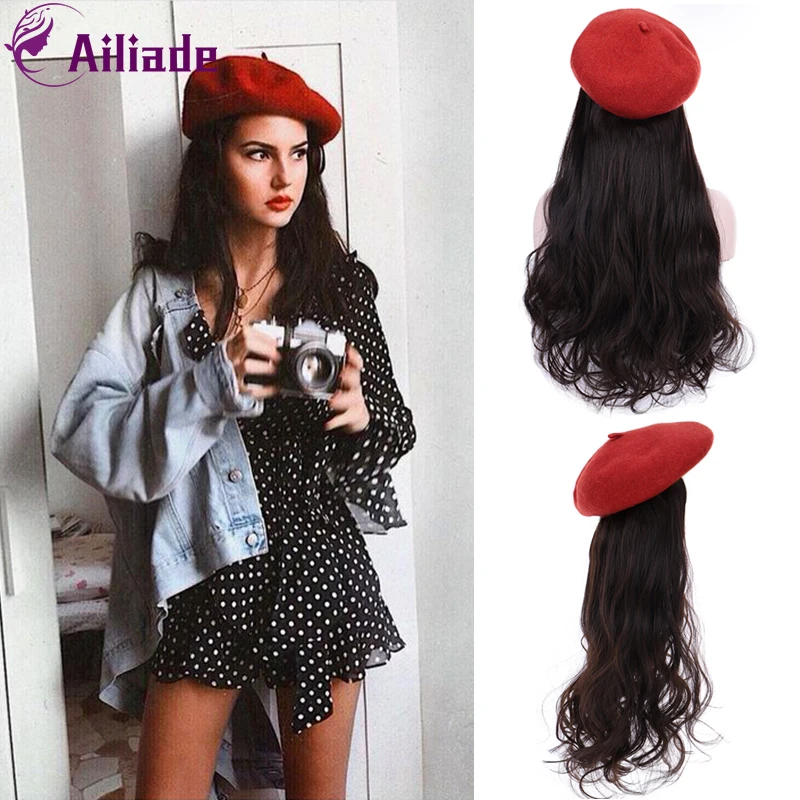 AILIADE Synthetic Long Straight Wavy Wigs with Beret Hat Navy Hat Knitted Hat Fashion Autumn Winter Cap Hair Wig Hair Extensions