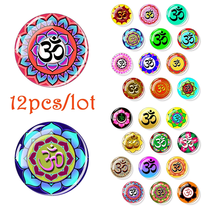 12Pcs OM Glass Dome Charms for Jewelry Making Glass Cabochon 30Mm 25Mm 20Mm 16Mm 12Mm for Diy India Yoga Jewelry Craft Supplies