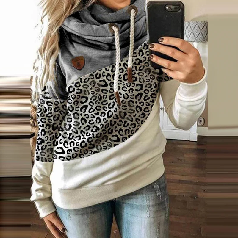 Customizable 2024 New UZZDSS Women Patchwork Hooded Sweatshirt Leopard Print Drawstring Hoodie Casual Long Sleeve Pullover Tops
