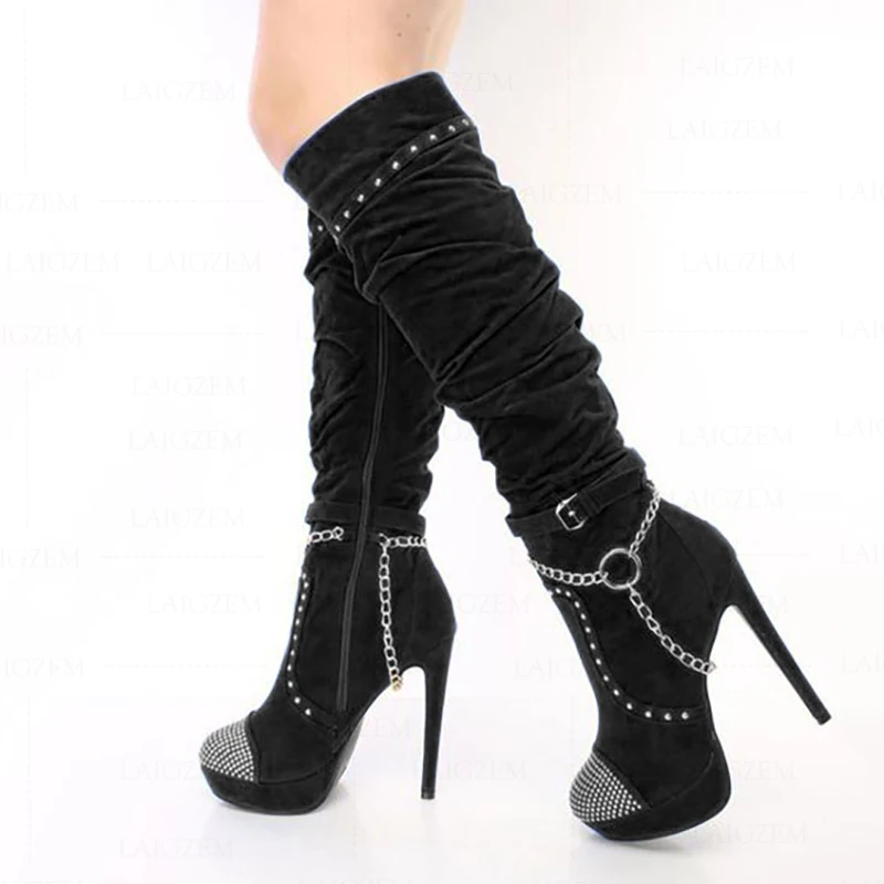 

LAIGZEM Women Knee High Boots Faux Suede Side Zip Chains Stiletto Heels Studded Boots Shoes Woman Botine Large Size 46 47 52